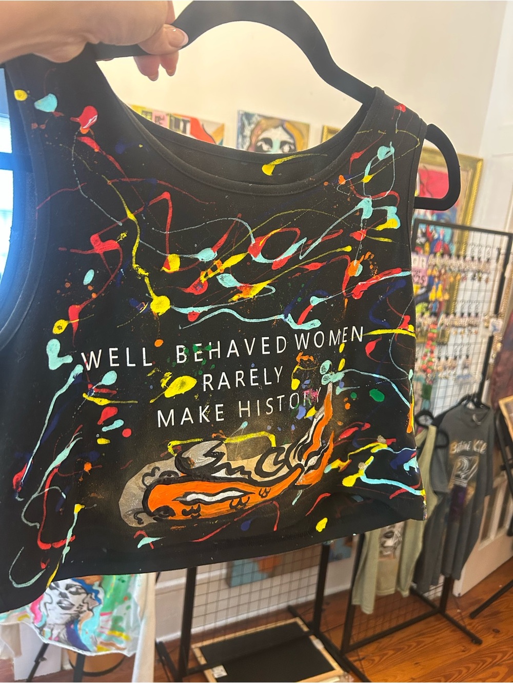 Crop Tank Top - Black Multicolor Paint-Splatter
